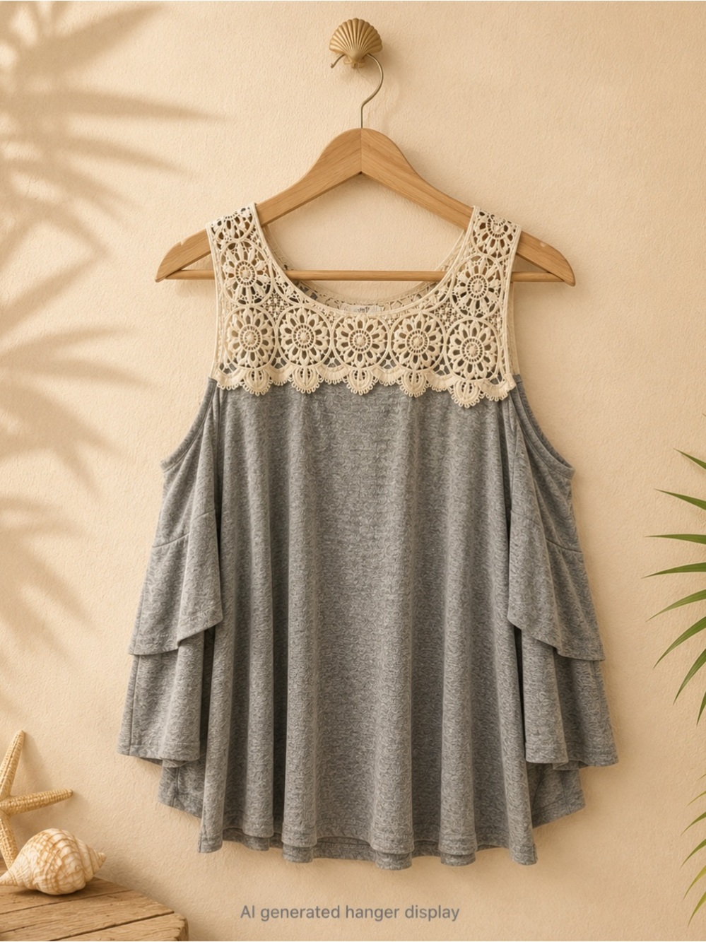 Umgee Gray Cold Shoulder Shirt with Cream Lace